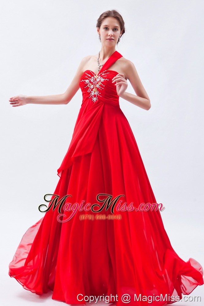 wholesale red empire one shoulder prom dress beading floor-length chiffon