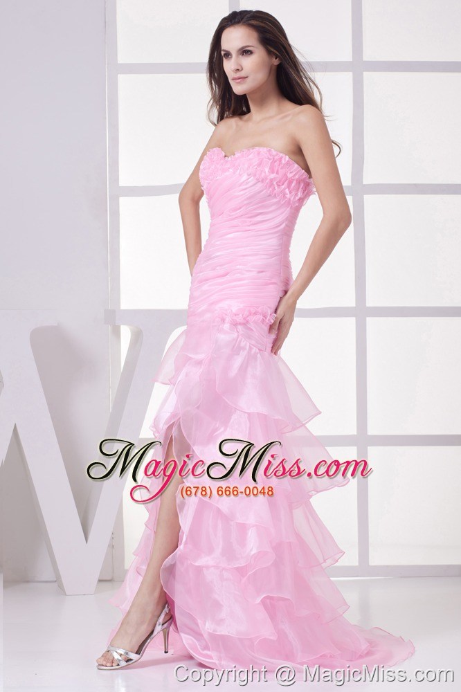 wholesale pink high slit sweetheart ruching and ruffles layers prom dress