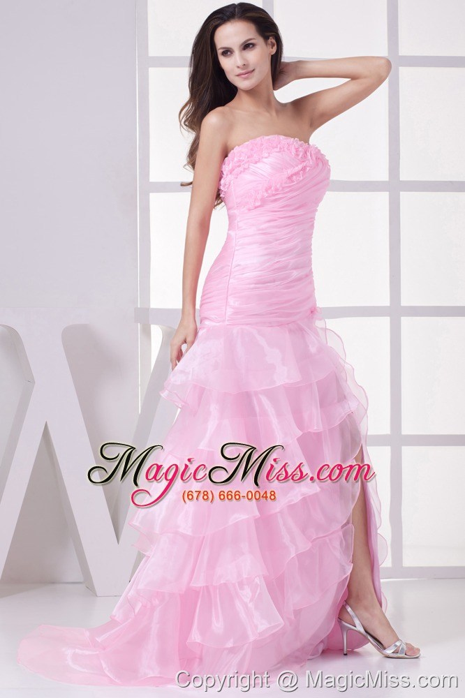 wholesale pink high slit sweetheart ruching and ruffles layers prom dress