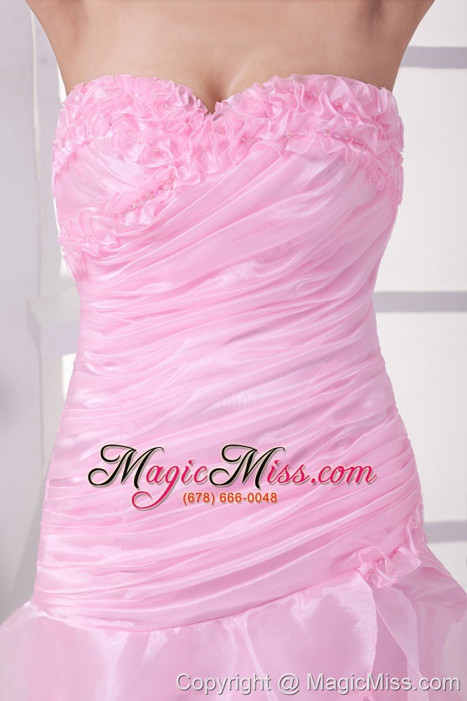 wholesale pink high slit sweetheart ruching and ruffles layers prom dress