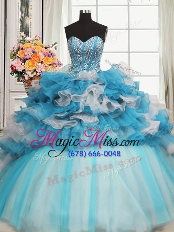 wholesale amazing organza and tulle sweetheart sleeveless lace up beading and ruffles quince ball gowns in blue and white