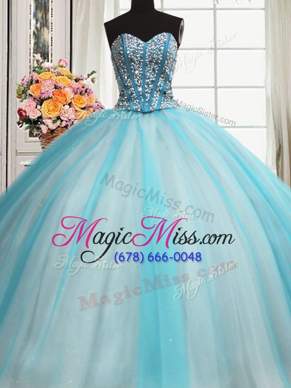 wholesale amazing organza and tulle sweetheart sleeveless lace up beading and ruffles quince ball gowns in blue and white