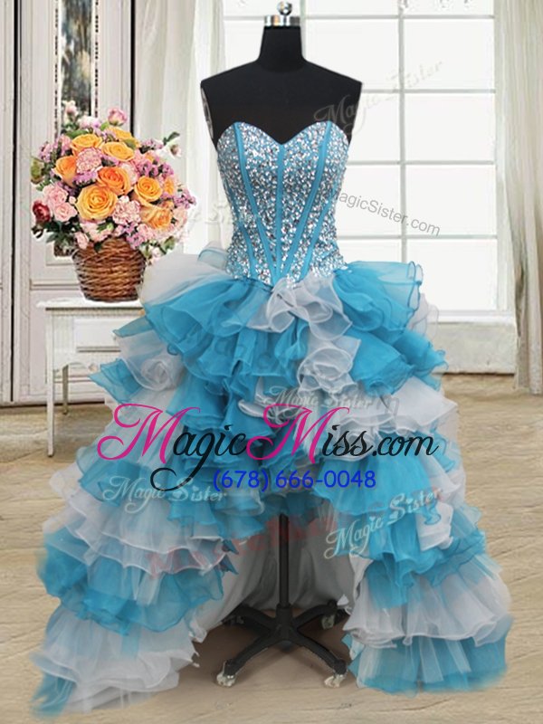 wholesale amazing organza and tulle sweetheart sleeveless lace up beading and ruffles quince ball gowns in blue and white