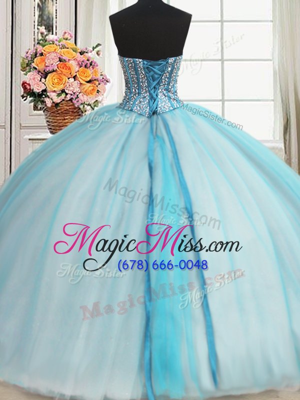 wholesale amazing organza and tulle sweetheart sleeveless lace up beading and ruffles quince ball gowns in blue and white