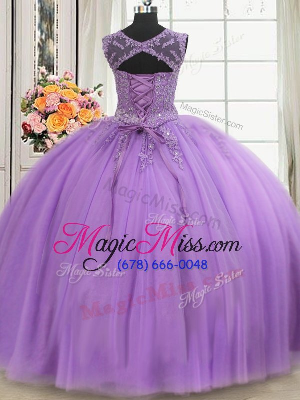 wholesale fitting three piece scoop floor length lace up 15 quinceanera dress lilac and in for military ball and sweet 16 and quinceanera with beading and appliques