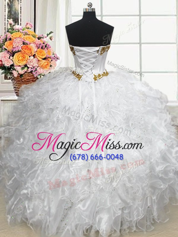 wholesale flare three piece organza sleeveless floor length quinceanera dress and beading and ruffled layers