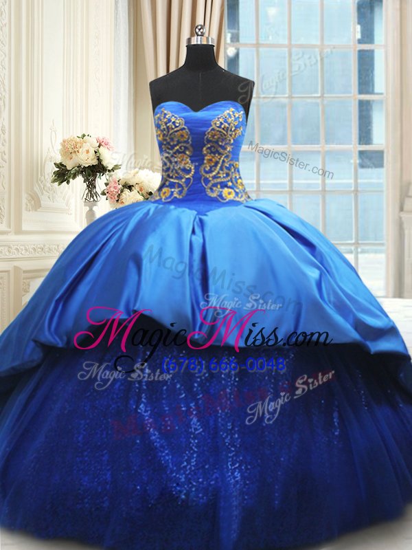 wholesale shining royal blue ball gowns satin sweetheart sleeveless beading and embroidery with train lace up quinceanera gown court train