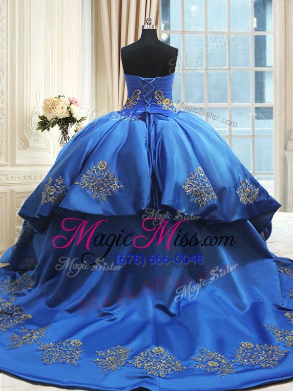 wholesale shining royal blue ball gowns satin sweetheart sleeveless beading and embroidery with train lace up quinceanera gown court train