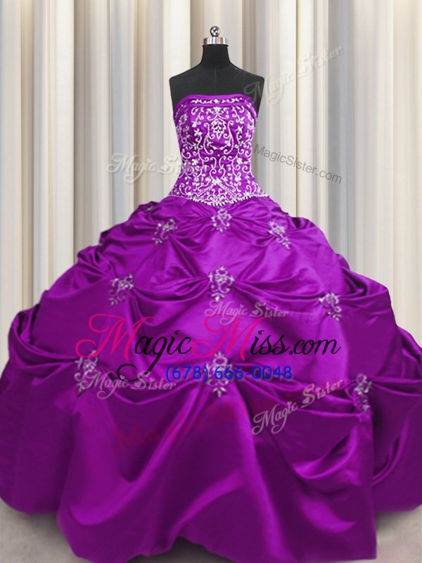 wholesale fashionable eggplant purple taffeta lace up strapless sleeveless floor length ball gown prom dress beading and appliques and embroidery