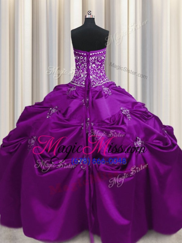 wholesale fashionable eggplant purple taffeta lace up strapless sleeveless floor length ball gown prom dress beading and appliques and embroidery