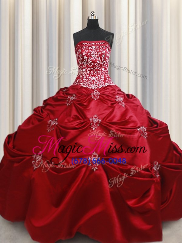 wholesale sweet taffeta strapless sleeveless lace up beading and appliques and embroidery quince ball gowns in wine red