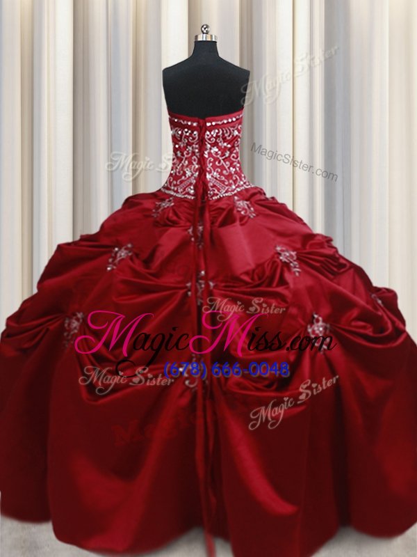 wholesale sweet taffeta strapless sleeveless lace up beading and appliques and embroidery quince ball gowns in wine red