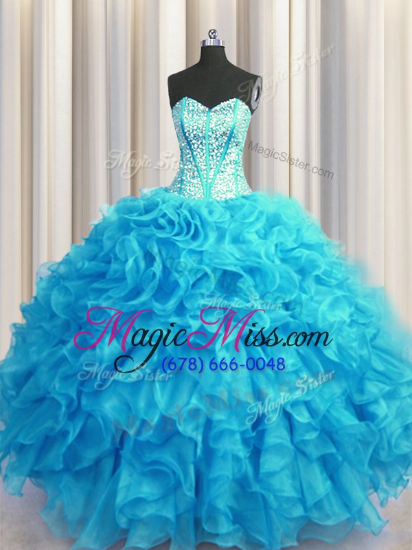 wholesale visible boning bling-bling baby blue and light blue organza lace up sweetheart sleeveless floor length 15th birthday dress beading and ruffles