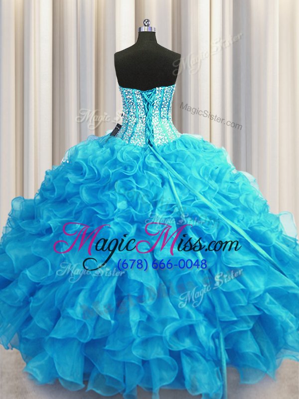 wholesale visible boning bling-bling baby blue and light blue organza lace up sweetheart sleeveless floor length 15th birthday dress beading and ruffles