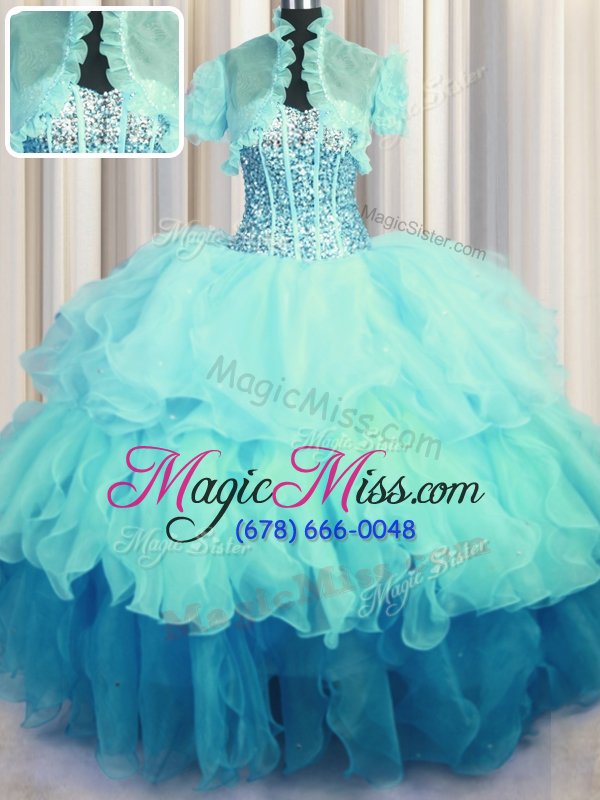 wholesale fancy visible boning bling-bling aqua blue organza lace up sweetheart sleeveless floor length quince ball gowns beading and ruffled layers