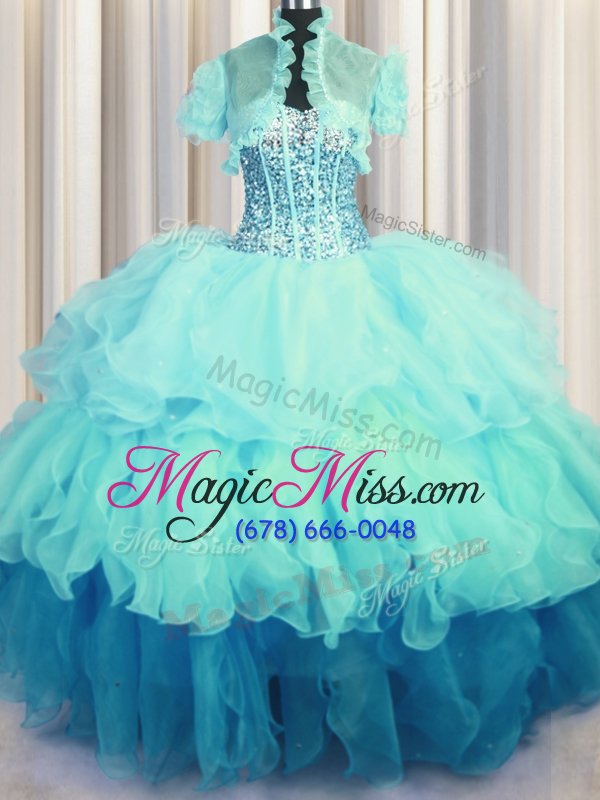 wholesale fancy visible boning bling-bling aqua blue organza lace up sweetheart sleeveless floor length quince ball gowns beading and ruffled layers