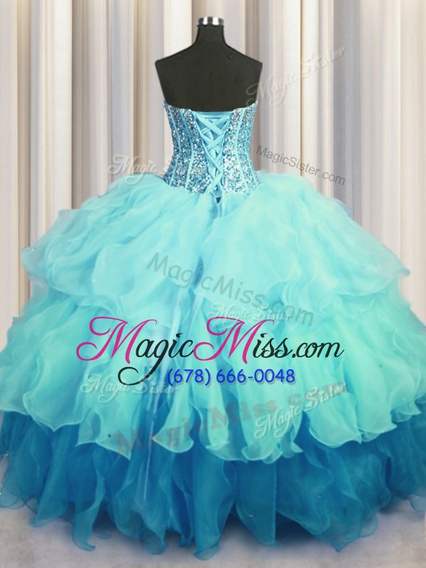 wholesale fancy visible boning bling-bling aqua blue organza lace up sweetheart sleeveless floor length quince ball gowns beading and ruffled layers