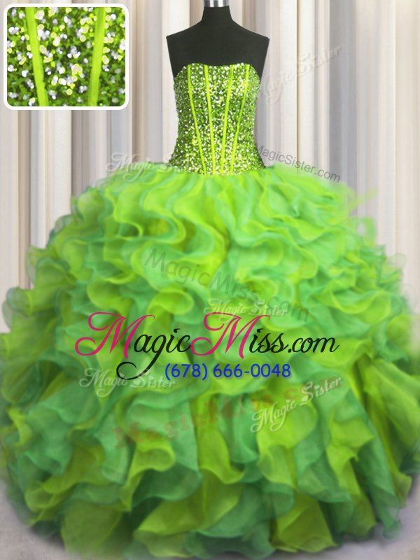 wholesale eye-catching visible boning beaded bodice floor length multi-color quinceanera gowns organza sleeveless beading and ruffles