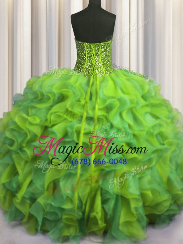 wholesale eye-catching visible boning beaded bodice floor length multi-color quinceanera gowns organza sleeveless beading and ruffles