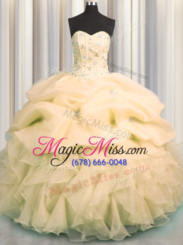 wholesale best visible boning yellow organza lace up 15 quinceanera dress sleeveless floor length beading and ruffles and pick ups