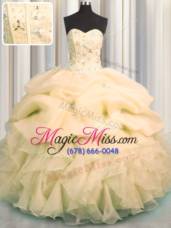 wholesale best visible boning yellow organza lace up 15 quinceanera dress sleeveless floor length beading and ruffles and pick ups