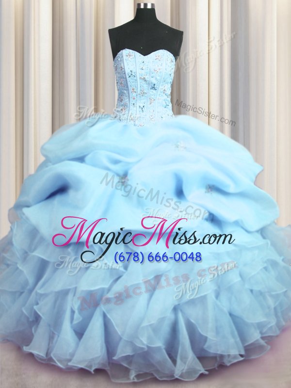 wholesale modern visible boning sweetheart sleeveless quinceanera gown floor length beading and ruffles and pick ups baby blue organza