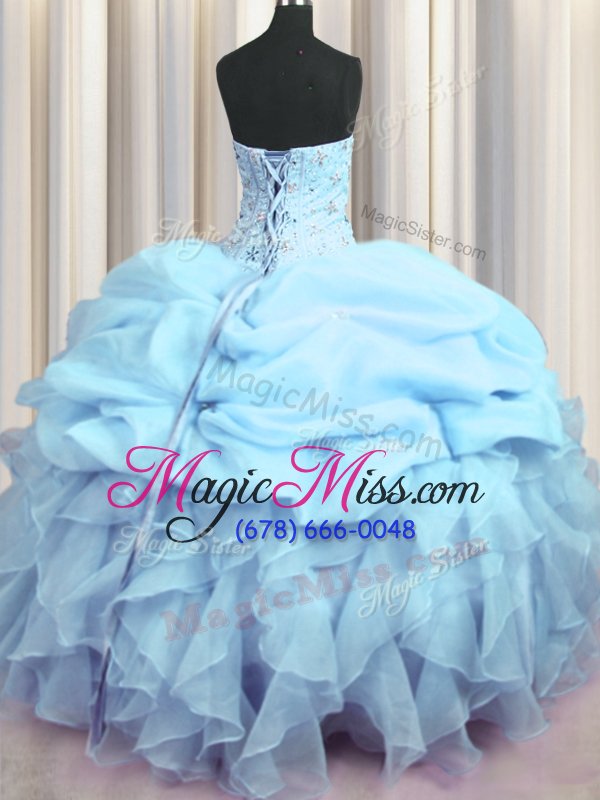 wholesale modern visible boning sweetheart sleeveless quinceanera gown floor length beading and ruffles and pick ups baby blue organza