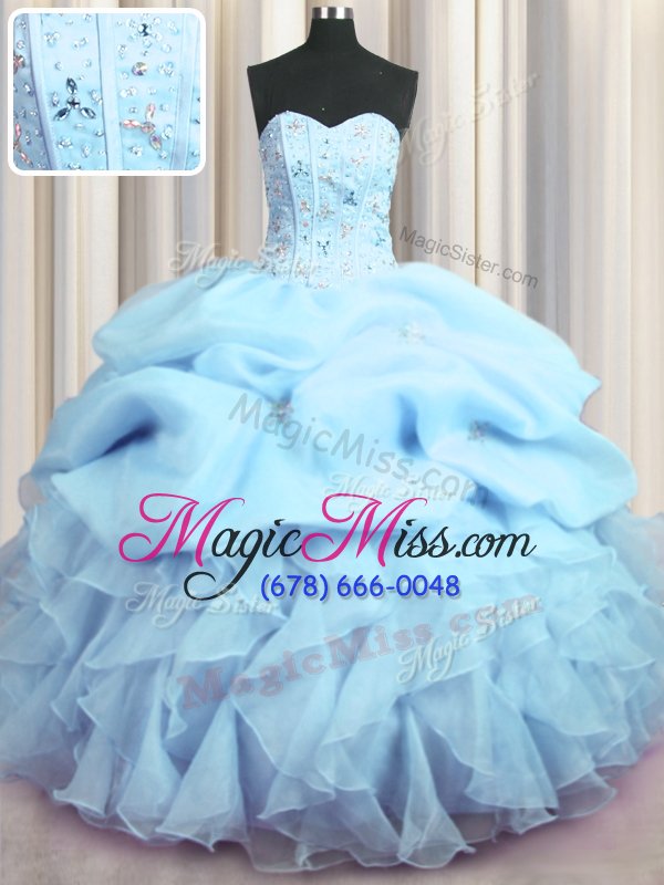 wholesale modern visible boning sweetheart sleeveless quinceanera gown floor length beading and ruffles and pick ups baby blue organza