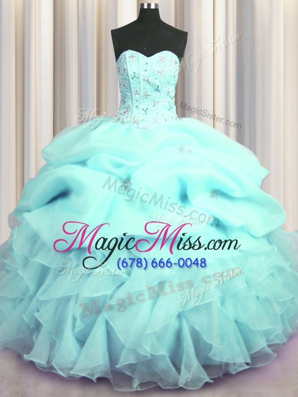 wholesale visible boning sweetheart sleeveless lace up sweet 16 dress aqua blue organza