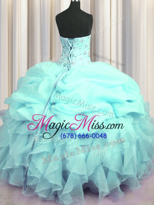 wholesale visible boning sweetheart sleeveless lace up sweet 16 dress aqua blue organza