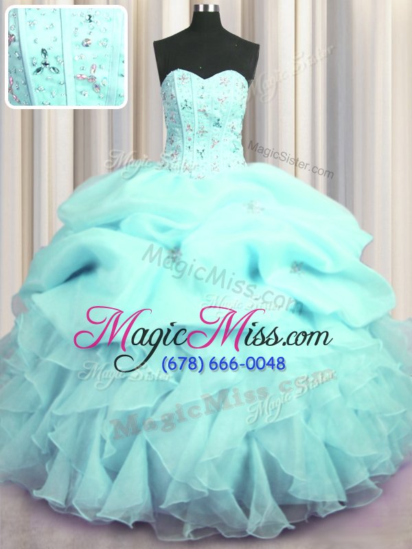 wholesale visible boning sweetheart sleeveless lace up sweet 16 dress aqua blue organza