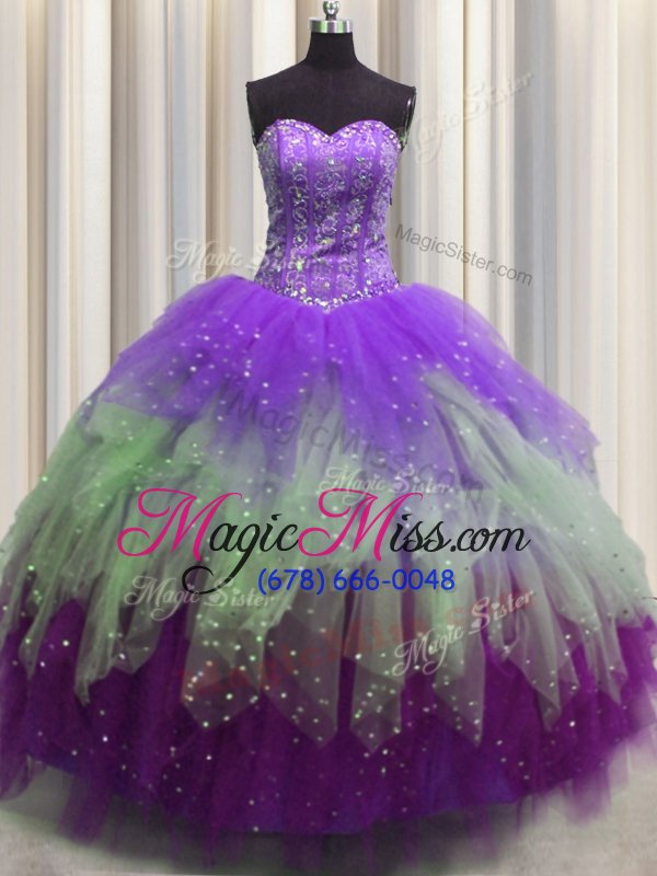 wholesale visible boning multi-color sweetheart lace up beading and ruffles and sequins 15 quinceanera dress sleeveless