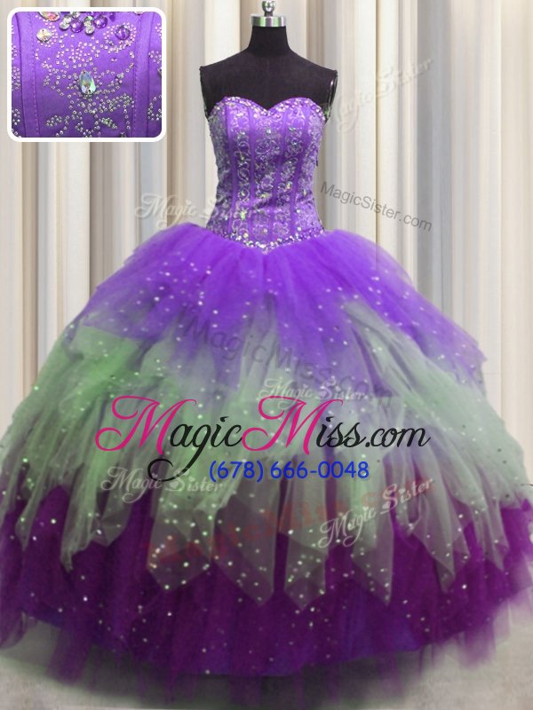 wholesale visible boning multi-color sweetheart lace up beading and ruffles and sequins 15 quinceanera dress sleeveless