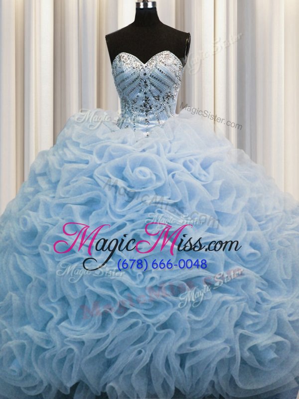 wholesale sumptuous sweetheart sleeveless quinceanera dress brush train beading and pick ups baby blue fabric with rolling flowers