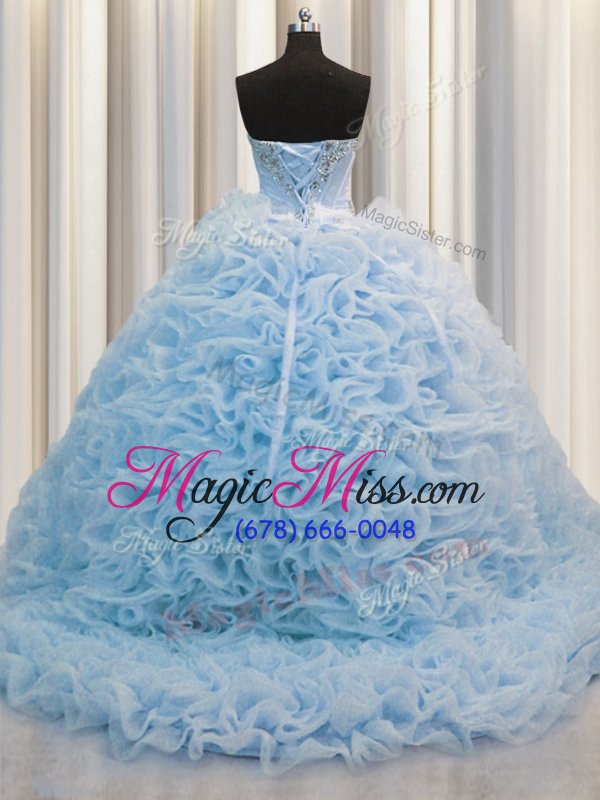 wholesale sumptuous sweetheart sleeveless quinceanera dress brush train beading and pick ups baby blue fabric with rolling flowers