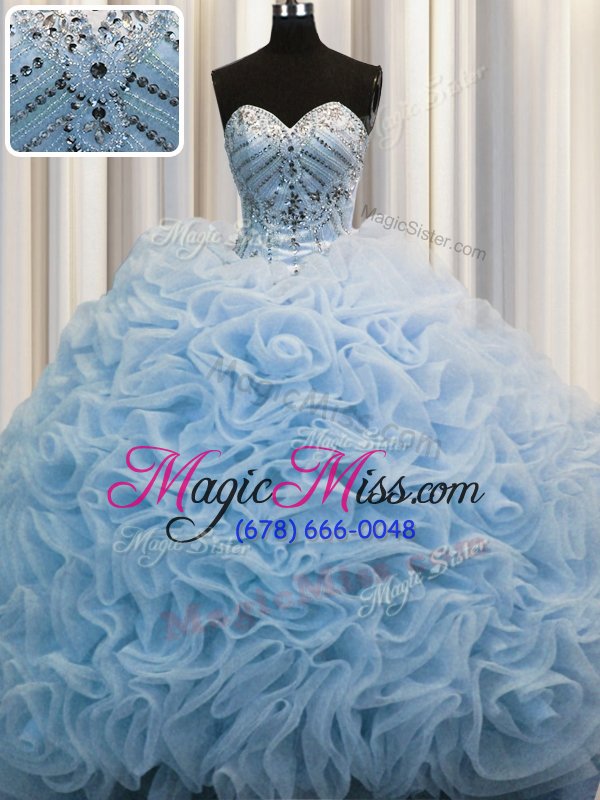 wholesale sumptuous sweetheart sleeveless quinceanera dress brush train beading and pick ups baby blue fabric with rolling flowers