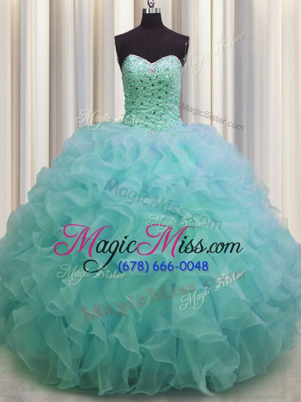 wholesale fancy light blue ball gowns beading and ruffles quinceanera gown lace up organza sleeveless floor length