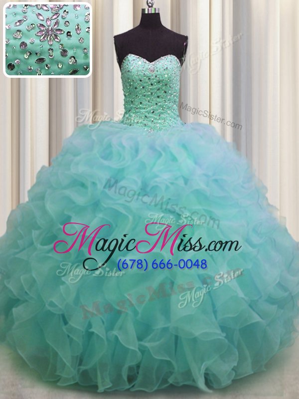 wholesale fancy light blue ball gowns beading and ruffles quinceanera gown lace up organza sleeveless floor length