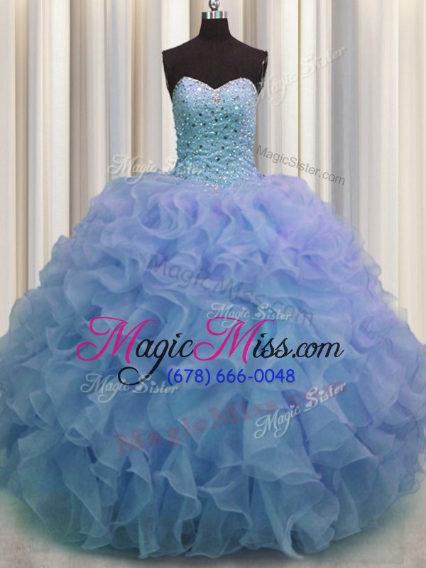 wholesale sophisticated blue lace up sweet 16 dress beading and ruffles sleeveless floor length