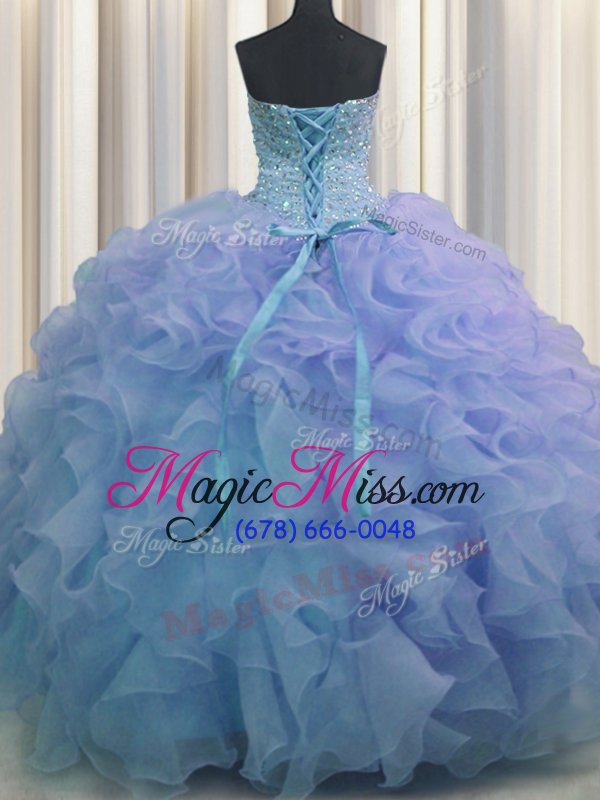 wholesale sophisticated blue lace up sweet 16 dress beading and ruffles sleeveless floor length