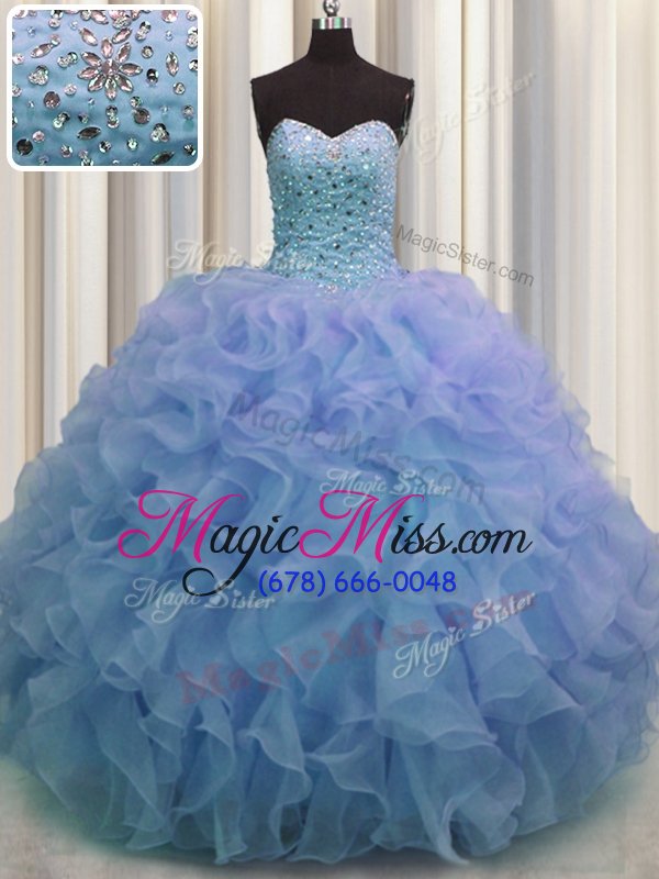 wholesale sophisticated blue lace up sweet 16 dress beading and ruffles sleeveless floor length