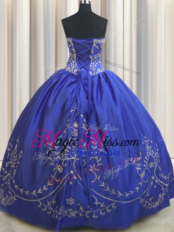 wholesale dynamic embroidery floor length royal blue quinceanera dresses strapless sleeveless lace up