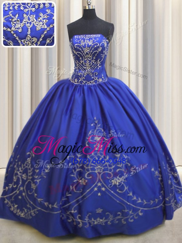 wholesale dynamic embroidery floor length royal blue quinceanera dresses strapless sleeveless lace up