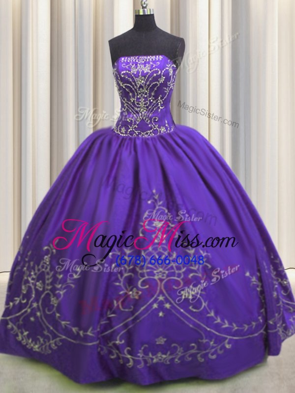 wholesale artistic strapless sleeveless quinceanera gown floor length beading and embroidery dark purple taffeta