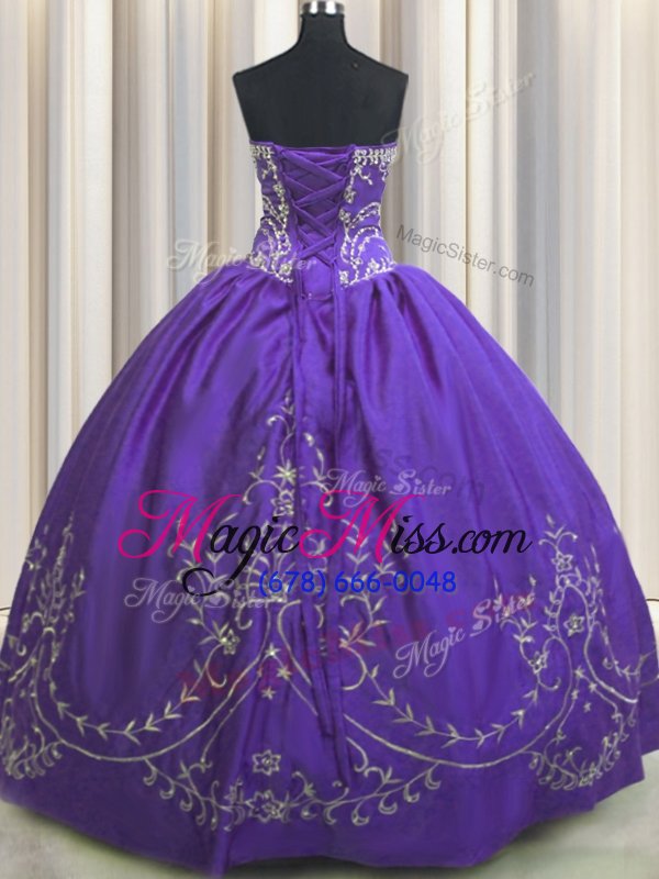 wholesale artistic strapless sleeveless quinceanera gown floor length beading and embroidery dark purple taffeta