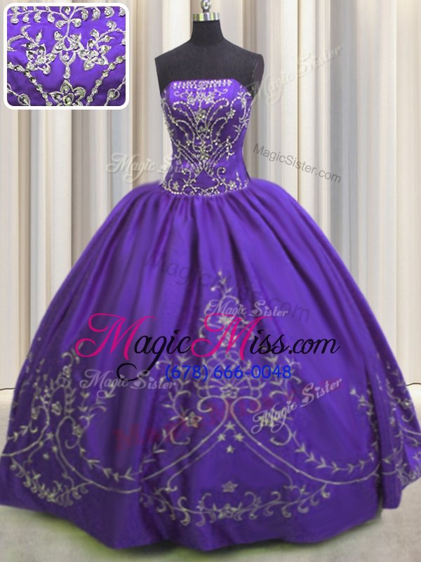 wholesale artistic strapless sleeveless quinceanera gown floor length beading and embroidery dark purple taffeta