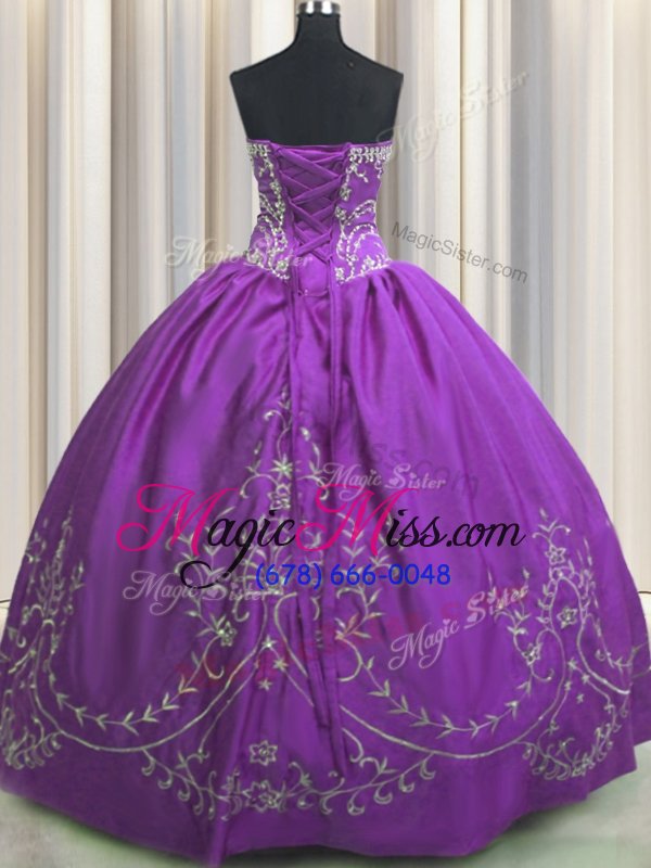 wholesale taffeta strapless sleeveless lace up embroidery vestidos de quinceanera in eggplant purple