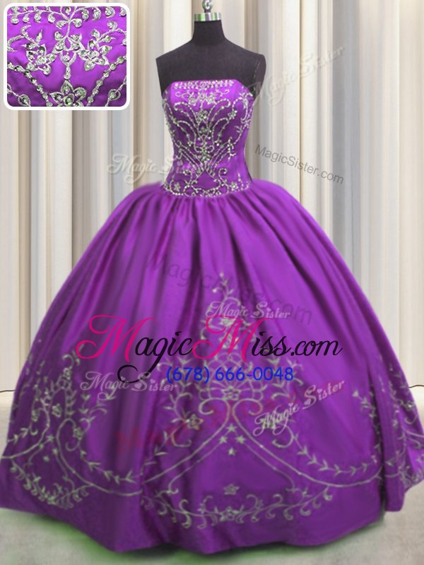 wholesale taffeta strapless sleeveless lace up embroidery vestidos de quinceanera in eggplant purple