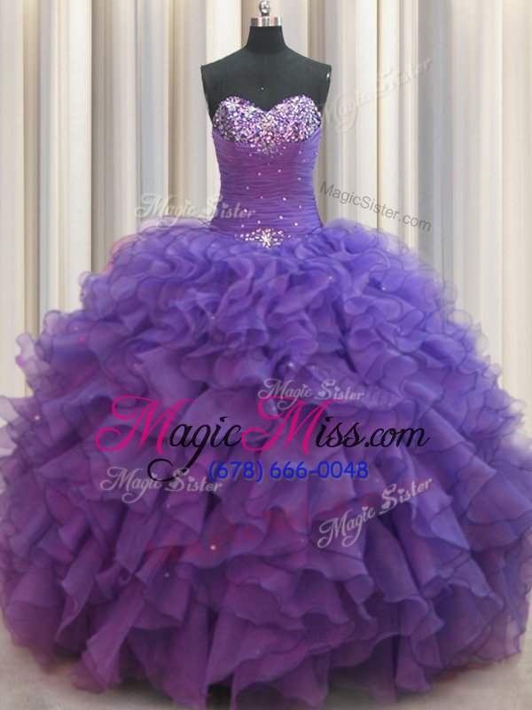 wholesale glamorous beaded bust purple sleeveless floor length beading and ruffles lace up 15 quinceanera dress