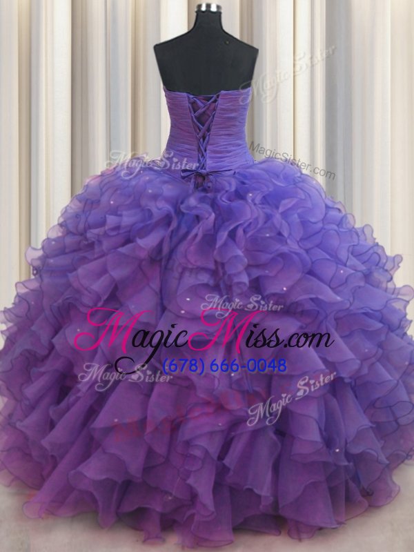 wholesale glamorous beaded bust purple sleeveless floor length beading and ruffles lace up 15 quinceanera dress